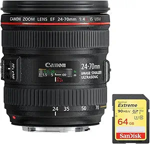 Canon E5CNEF2470USM EF 24-70mm f/4L Lens + 64GB SD Card Bundle