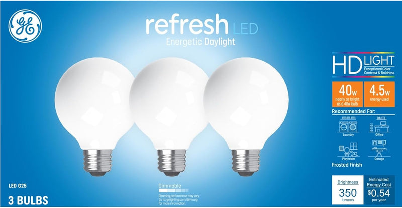 GE 43281 Refresh LED G25 Globe Daylight 40W 3-Pack — main product image