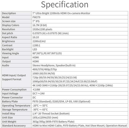 FEELWORLD FW279 7" 2200nit Ultra Bright Field Monitor
