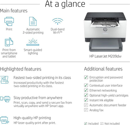 HP 6GW62F#BGJ LaserJet M209dw Wireless Monochrome Printer Renewed