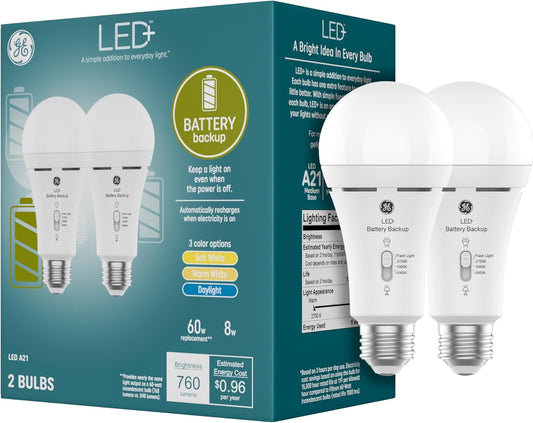 GE 93131819 LED+ Backup Battery Light Bulbs, 2-Pack