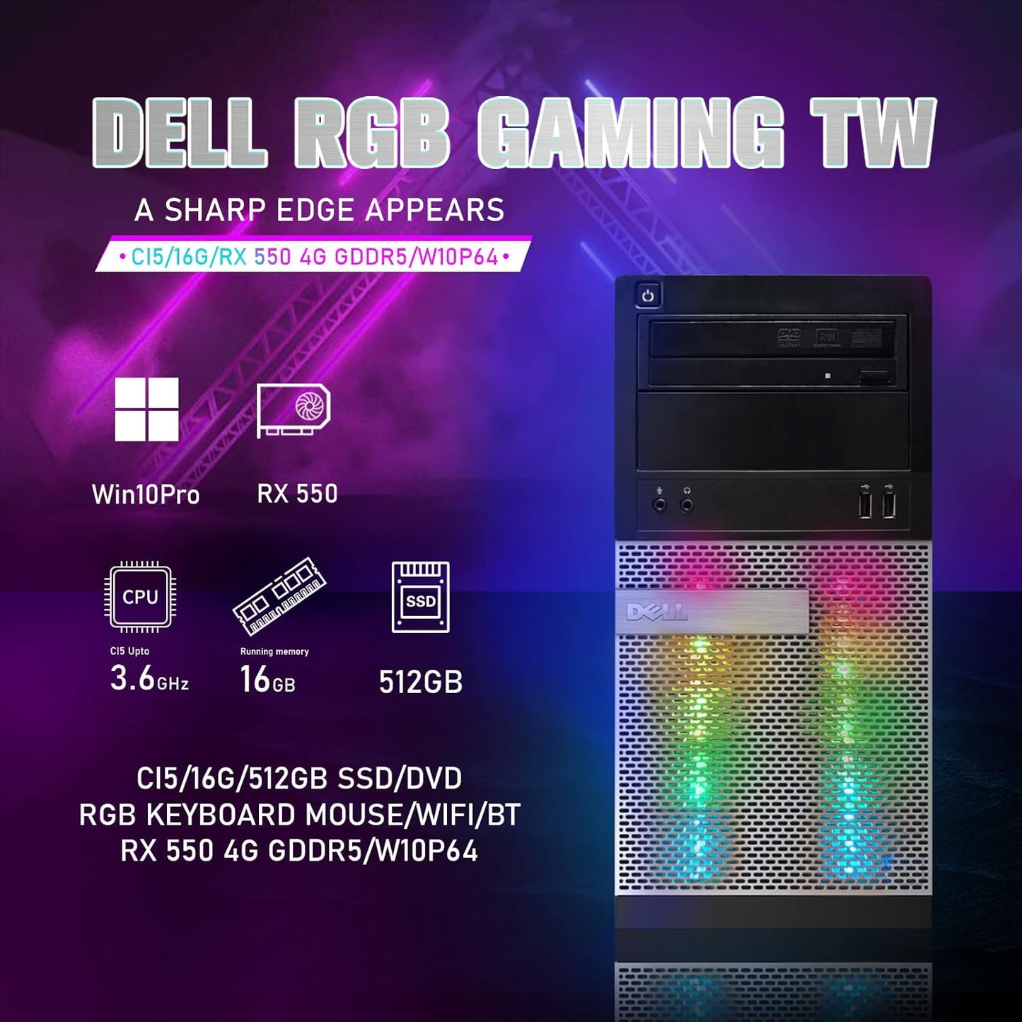 Dell OptiPlex Tower RGB Gaming PC RX 550 Renewed