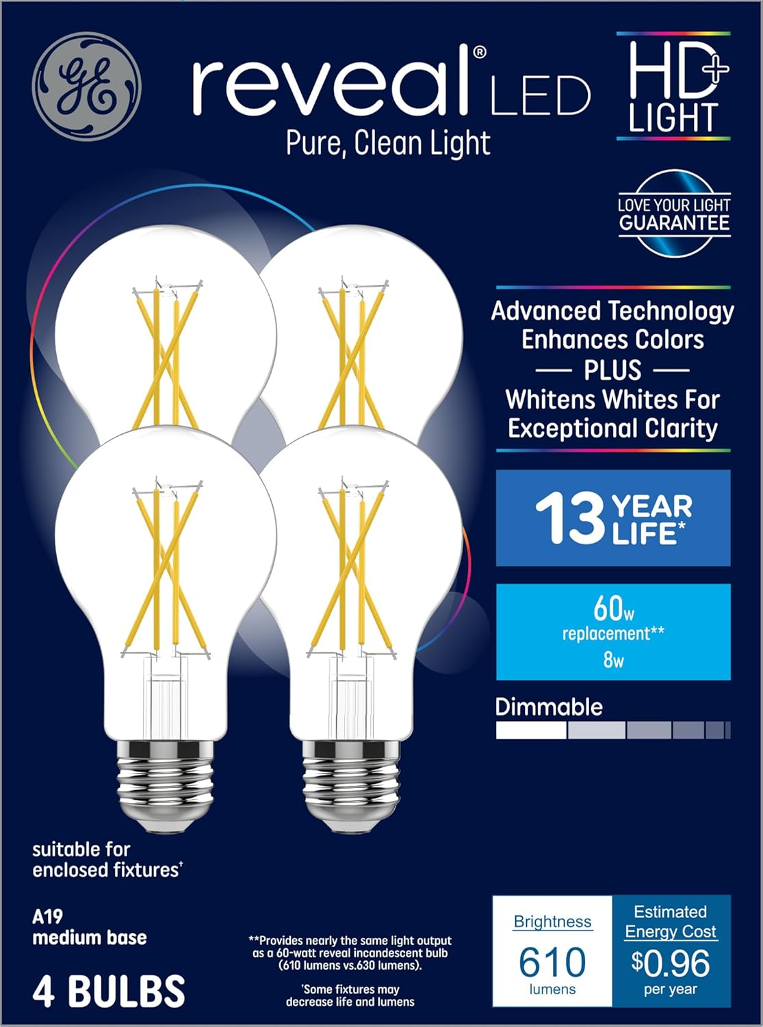 GE 93130682 Reveal HD+ LED 60W A19 Light Bulbs 4-Pack