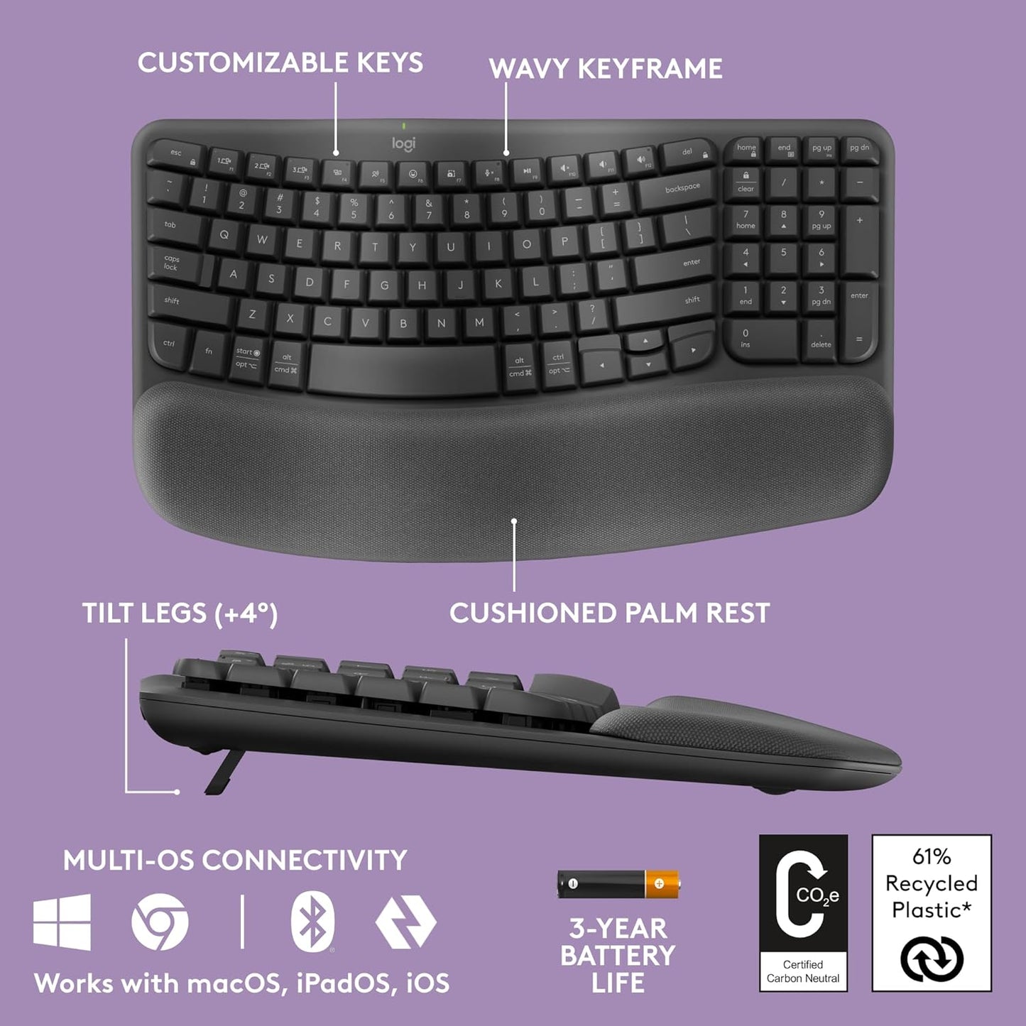 Logitech Wave Keys Ergonomic Keyboard Palm Rest Renewed
