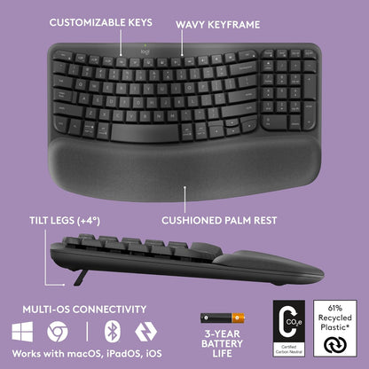 Logitech Wave Keys Ergonomic Keyboard Palm Rest Renewed