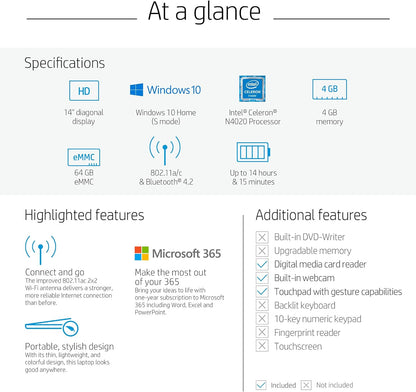 HP 14-cb188nr: Stream 14" Laptop, Celeron, 4GB, 64GB eMMC, Rose Pink