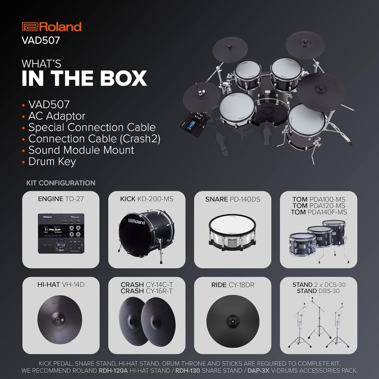 Roland VAD507 V-Drums Acoustic Design Electronic Drum Kit