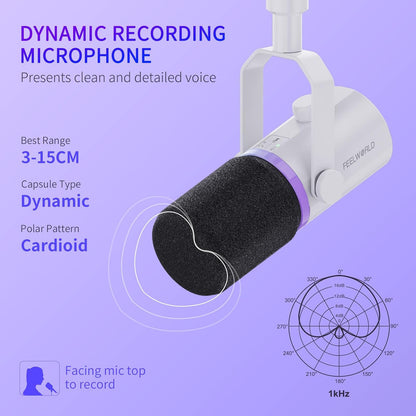 FEELWORLD PM1 XLR USB Dynamic Microphone Boom Arm White