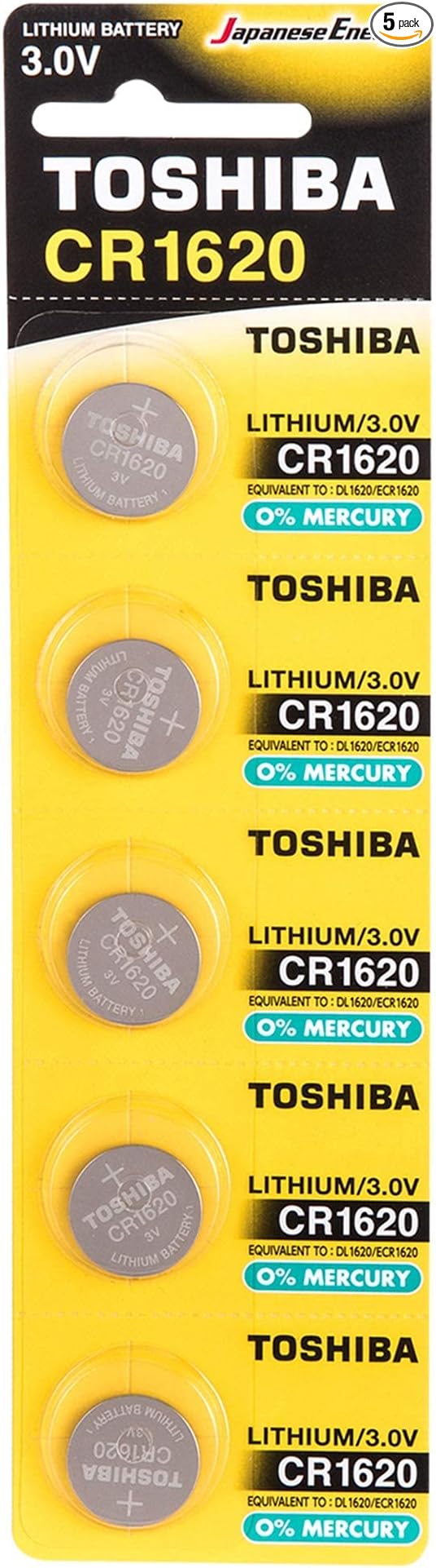 Toshiba CR1620 3V Lithium Coin Battery 5-Pack — main product image