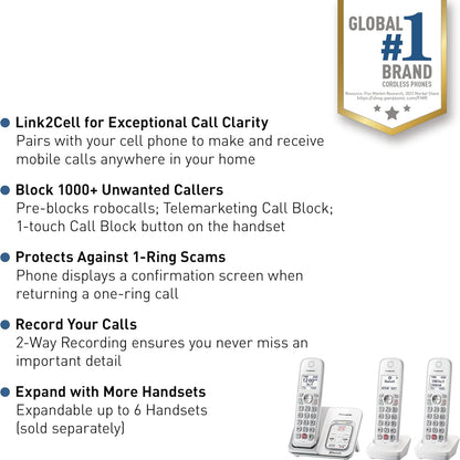 Panasonic KX-TGD863W Cordless Phone Answering Machine 3-Handset