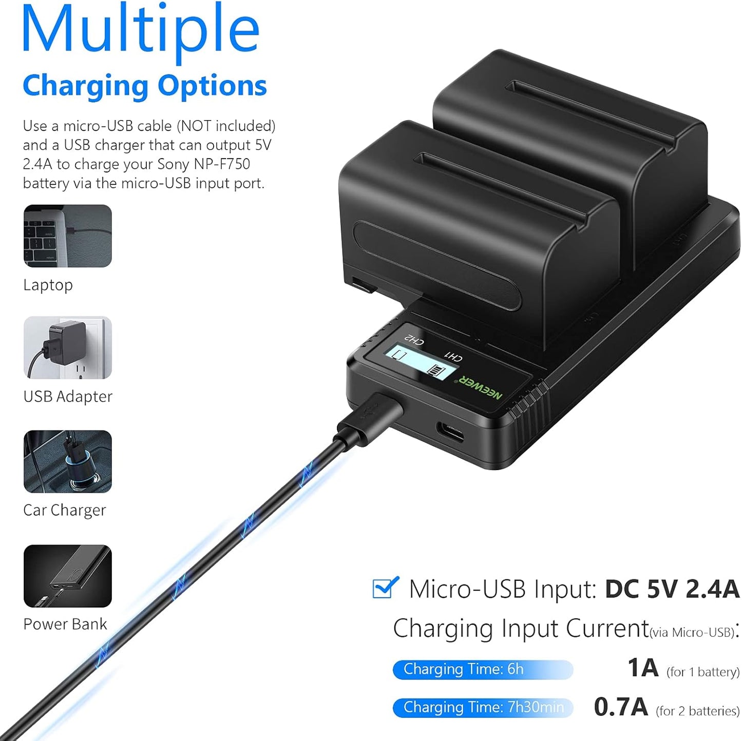Neewer 10099856 Dual USB Charger + 2x NP-F750 Batteries