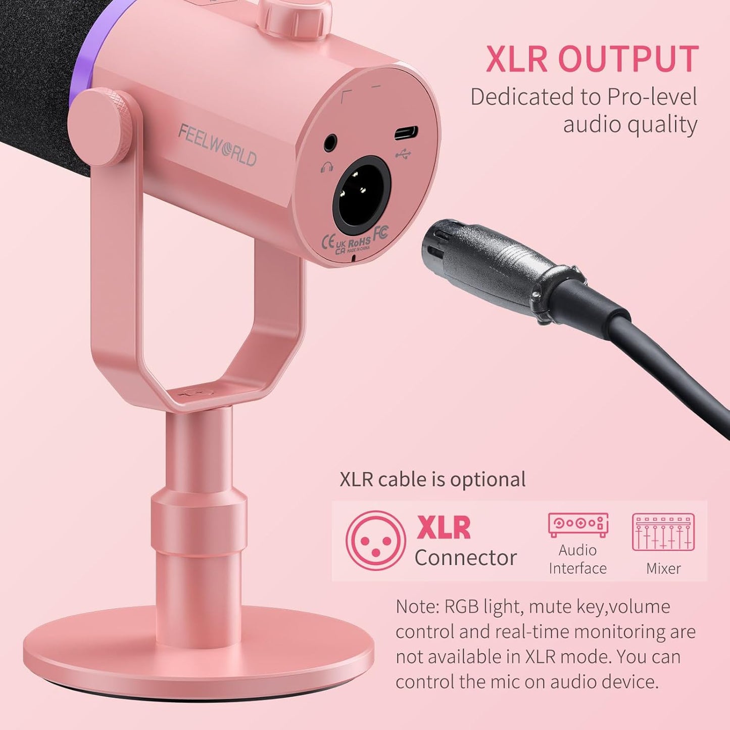 FEELWORLD PM1 Dynamic XLR USB Podcast Microphone Pink