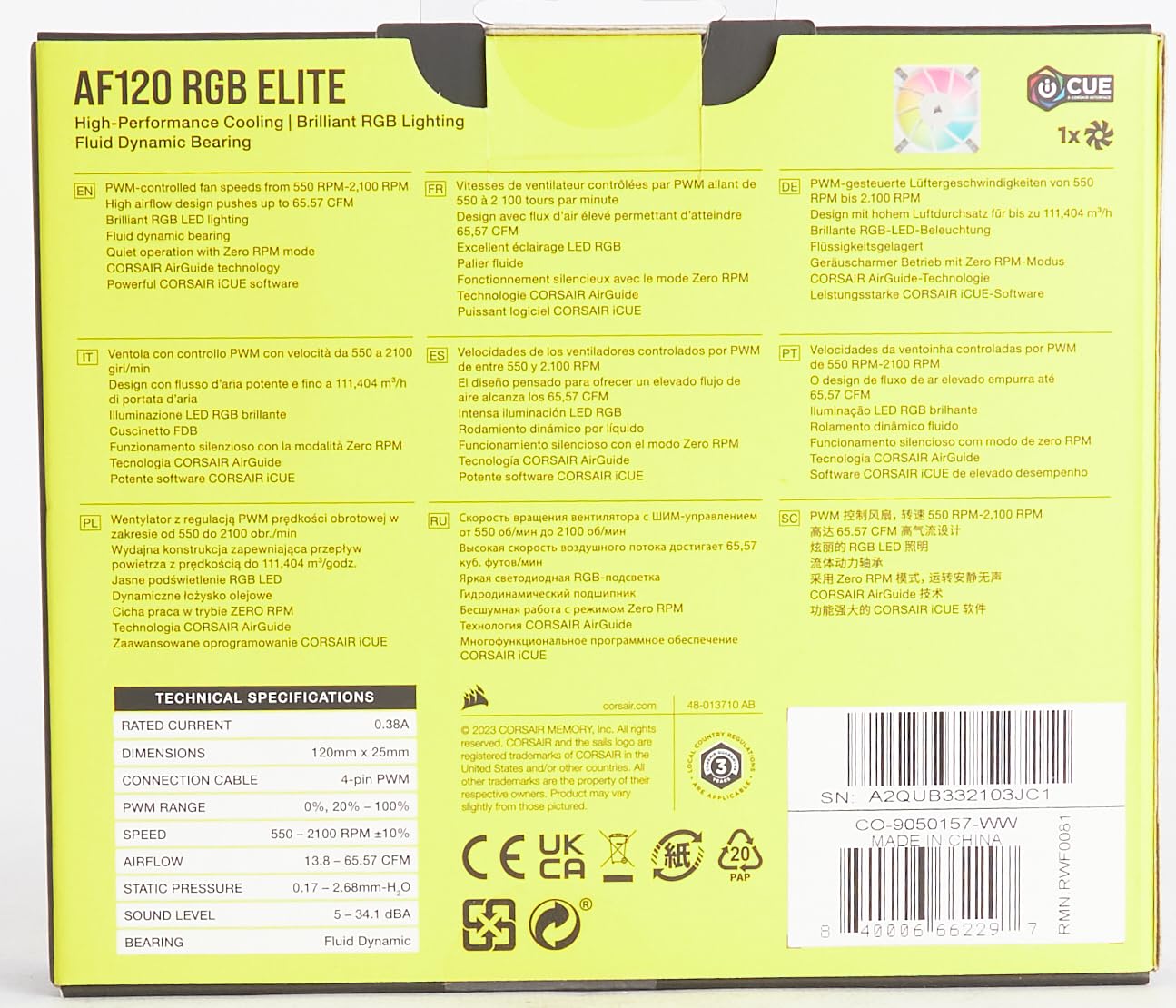 Corsair CO-9050157 iCUE AF120 RGB Elite 120mm White Fan