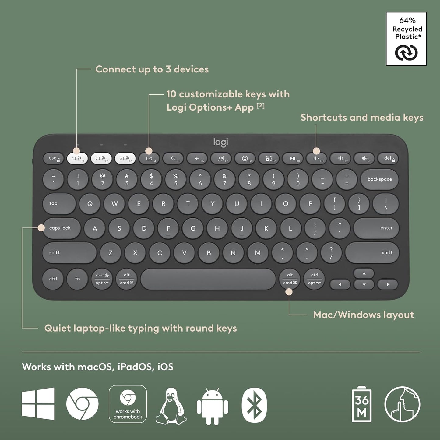 Logitech 920-011775 Pebble Keys 2 K380s Bluetooth Keyboard