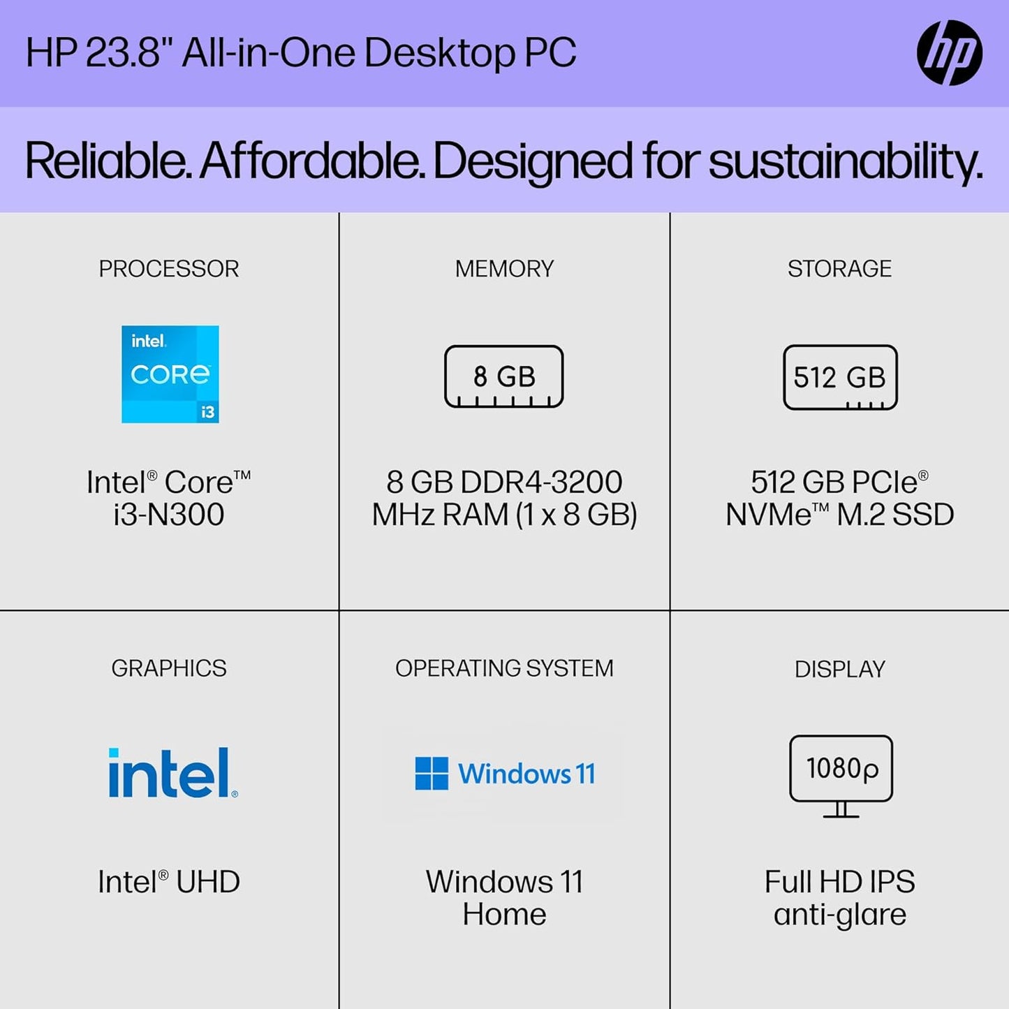 HP 8R2K4AA#ABA 23.8-inch All-in-One Desktop i3-N300