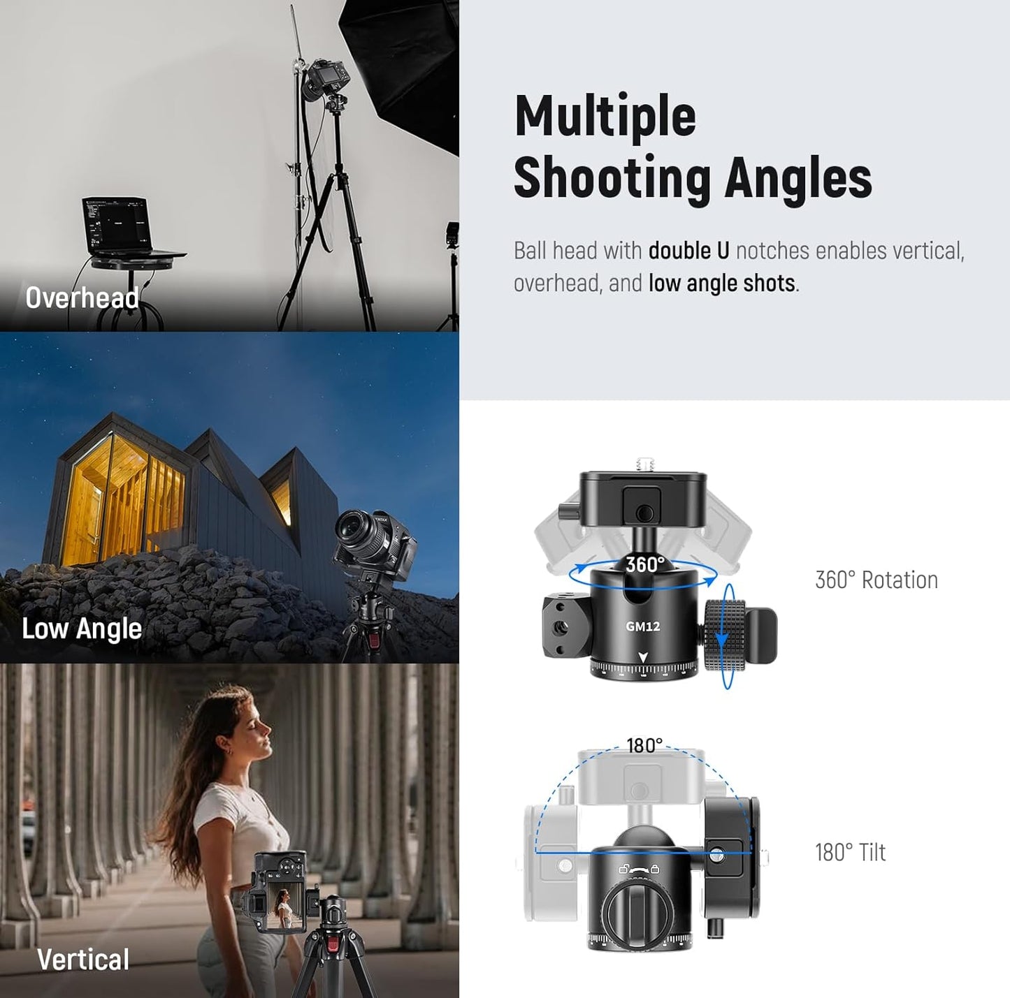 Neewer GM12 Ball Head - Arca Slot, 360° Pan, 13.2lb Load