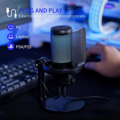 FEELWORLD VM1 Gaming Mic - USB Condenser Microphone with RGB