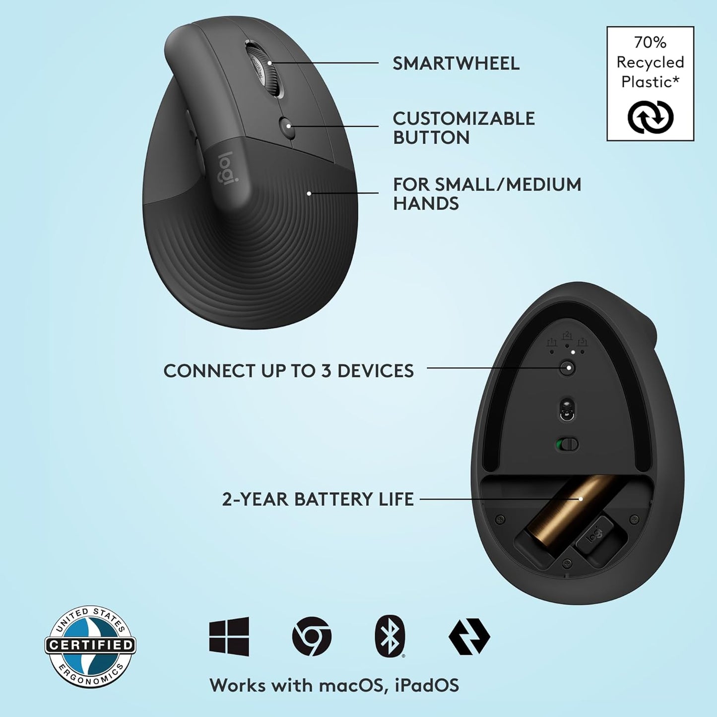 Logitech 910-006466 Lift Vertical Ergonomic Wireless Mouse