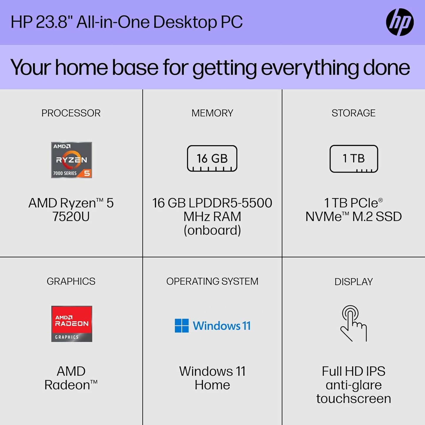 HP 7H0U3AA#ABA 23.8" Ryzen 5 All-in-One PC