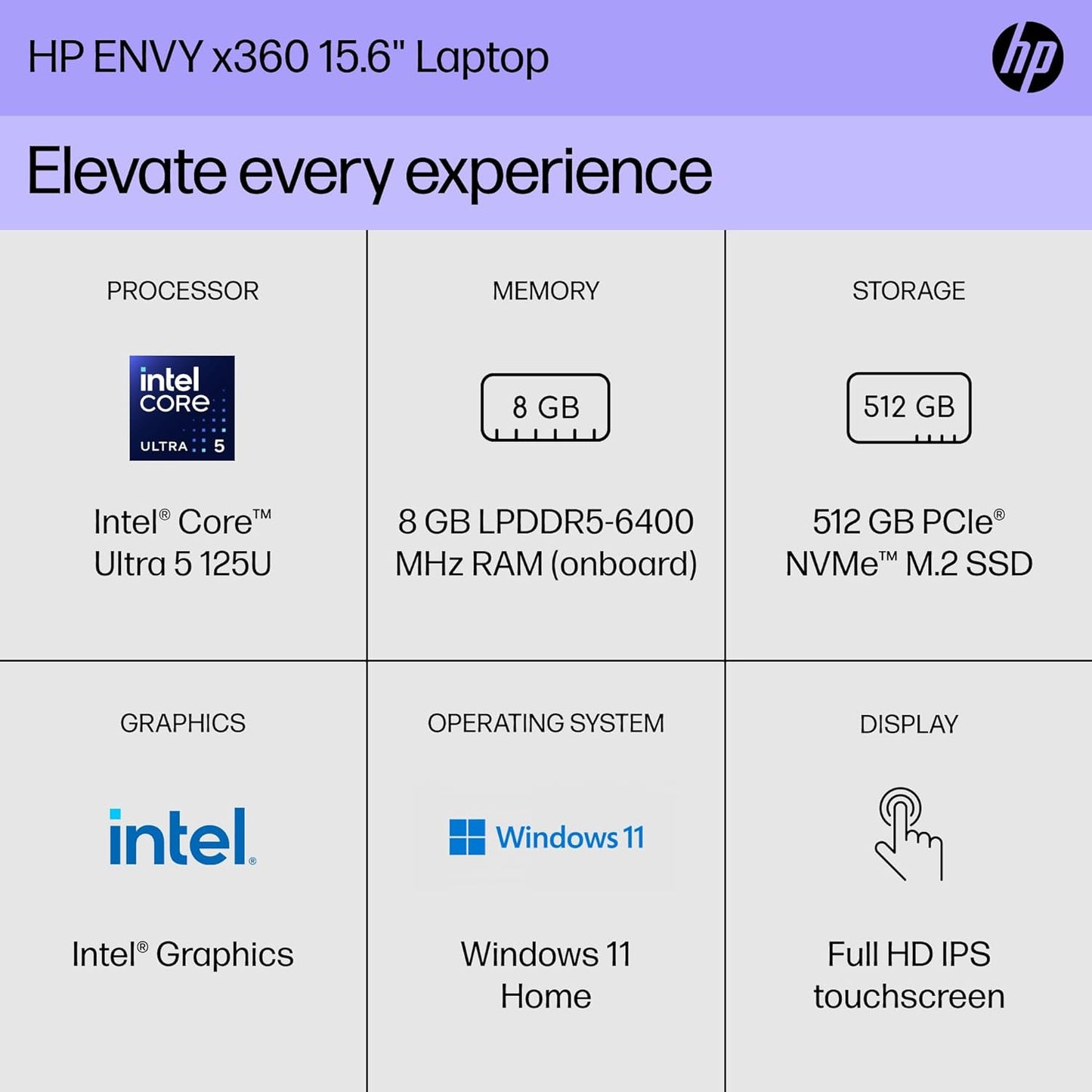 HP 9R1M5UA#ABA Envy x360 15" FHD Touch Laptop, Intel Ultra 5