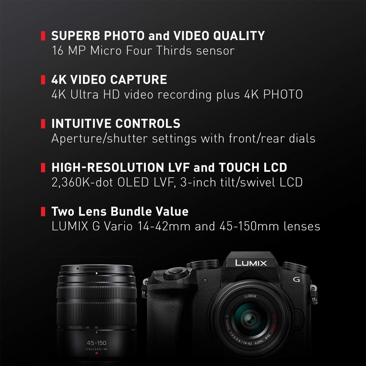 Panasonic DMC-G7 Lumix Mirrorless Camera - 14-42mm, 45-150mm Lens Bundle