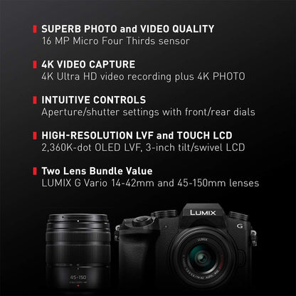 Panasonic DMC-G7 Lumix Mirrorless Camera - 14-42mm, 45-150mm Lens Bundle