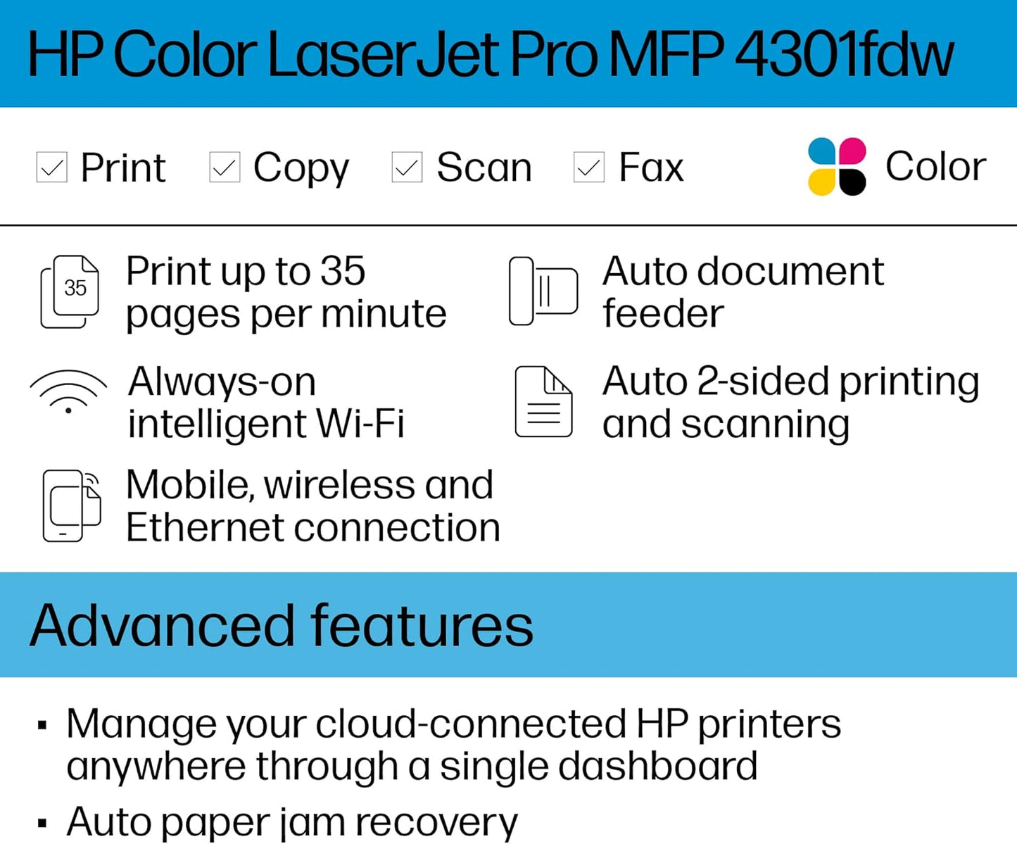 HP 4301fdw Color LaserJet Pro MFP Wireless Renewed