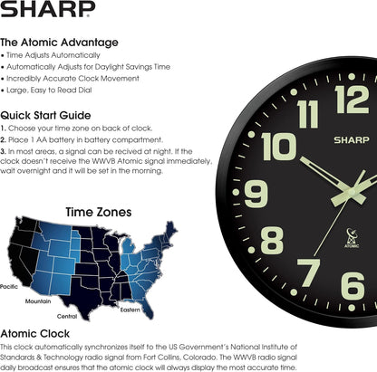 Sharp Atomic Wall Clock, Glow in The Dark, 12 Inch