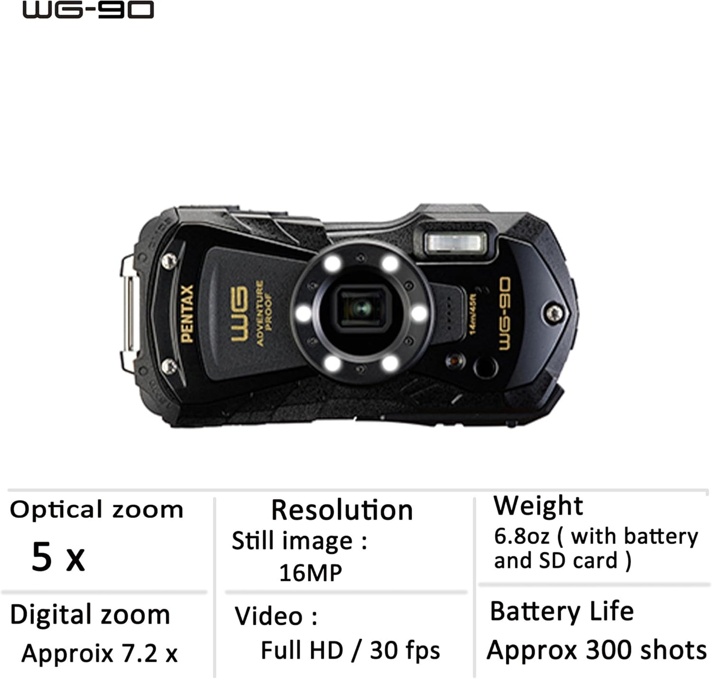 Pentax WG-90 Waterproof Shockproof Digital Camera