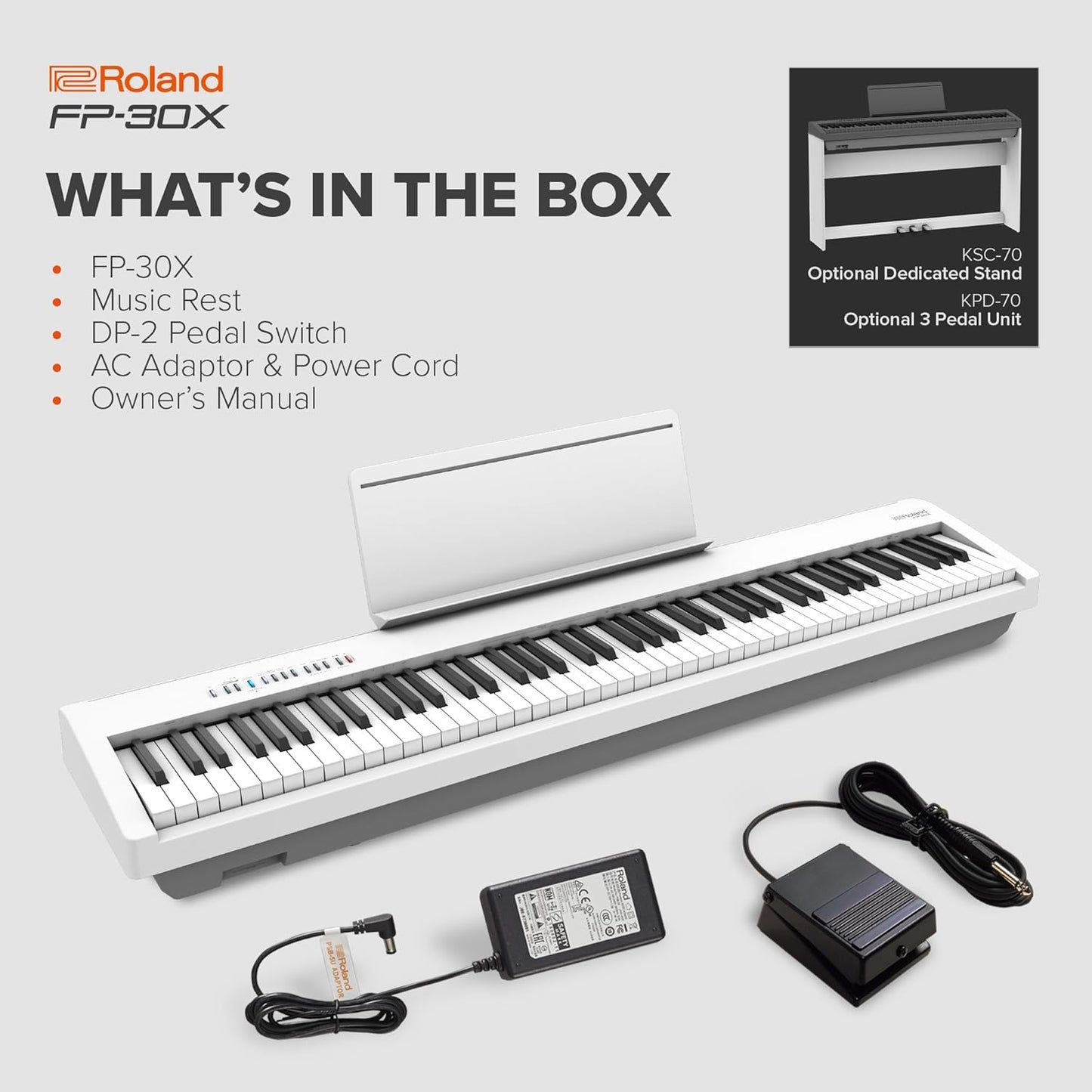 Roland FP-30X-WH Digital Piano 88-Note PHA-4 Keyboard - White