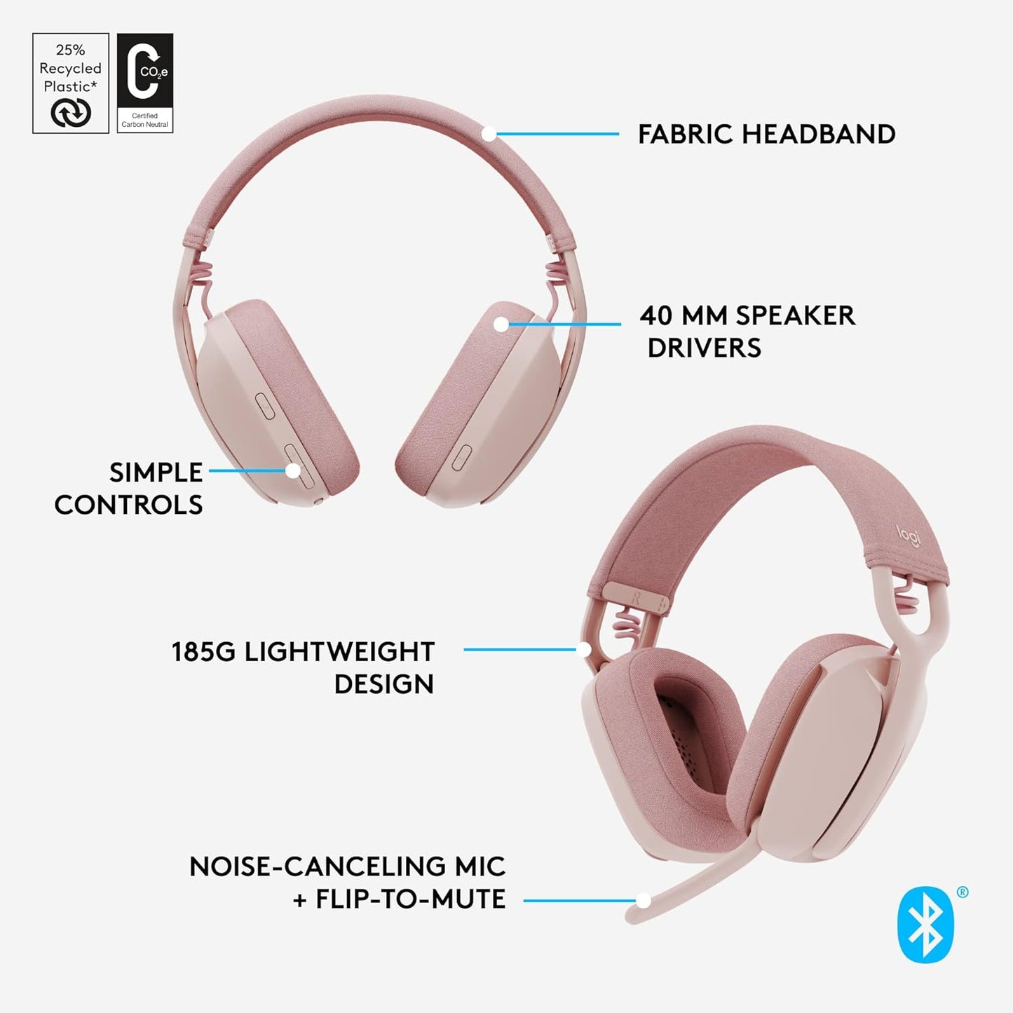 Logitech 981-001258 Zone Vibe 100 Wireless Headset Rose (Renewed)