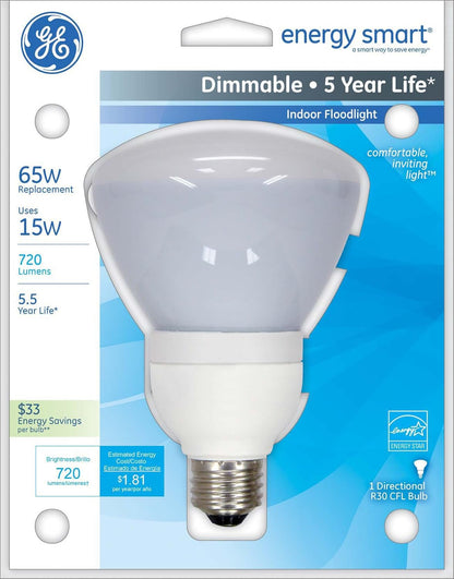 GE 21710 Energy Smart CFL, 15W R30 Floodlight Bulb - Dimmable