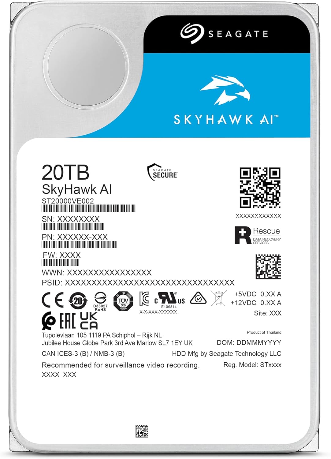 Seagate Skyhawk AI 20TB Surveillance HDD: SATA, 256MB, Rescue