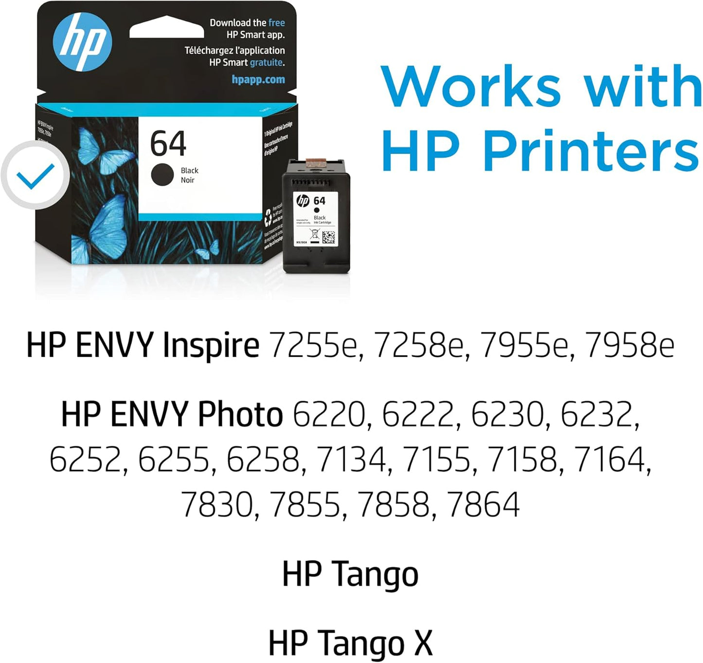 HP 64 Black Ink Cartridge N9J90AN Instant Ink Eligible