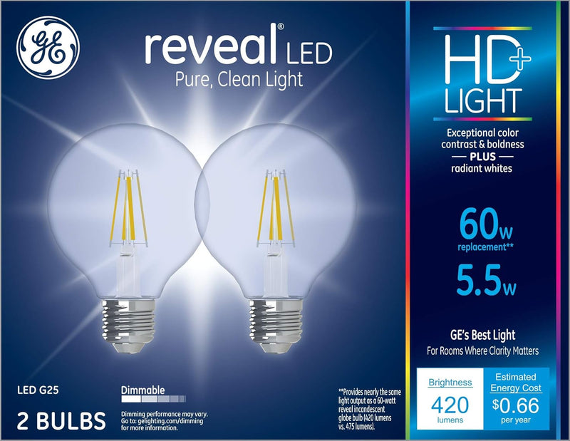 GE Reveal 31858 LED G25 Globe Light Bulbs 60W 2-Pack — main product image