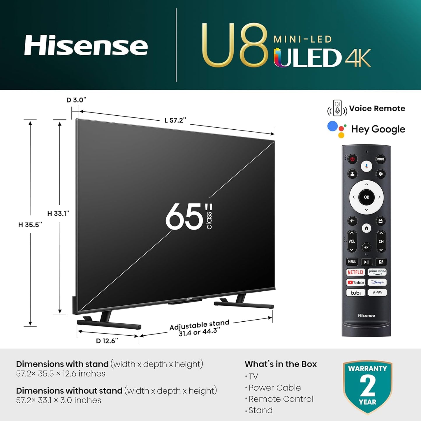 Hisense 65U8K 65" Mini-LED ULED 4K Google Smart TV