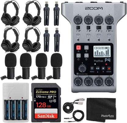 Zoom P4 PodTrak Podcast Recorder Bundle with Mics & Accessories
