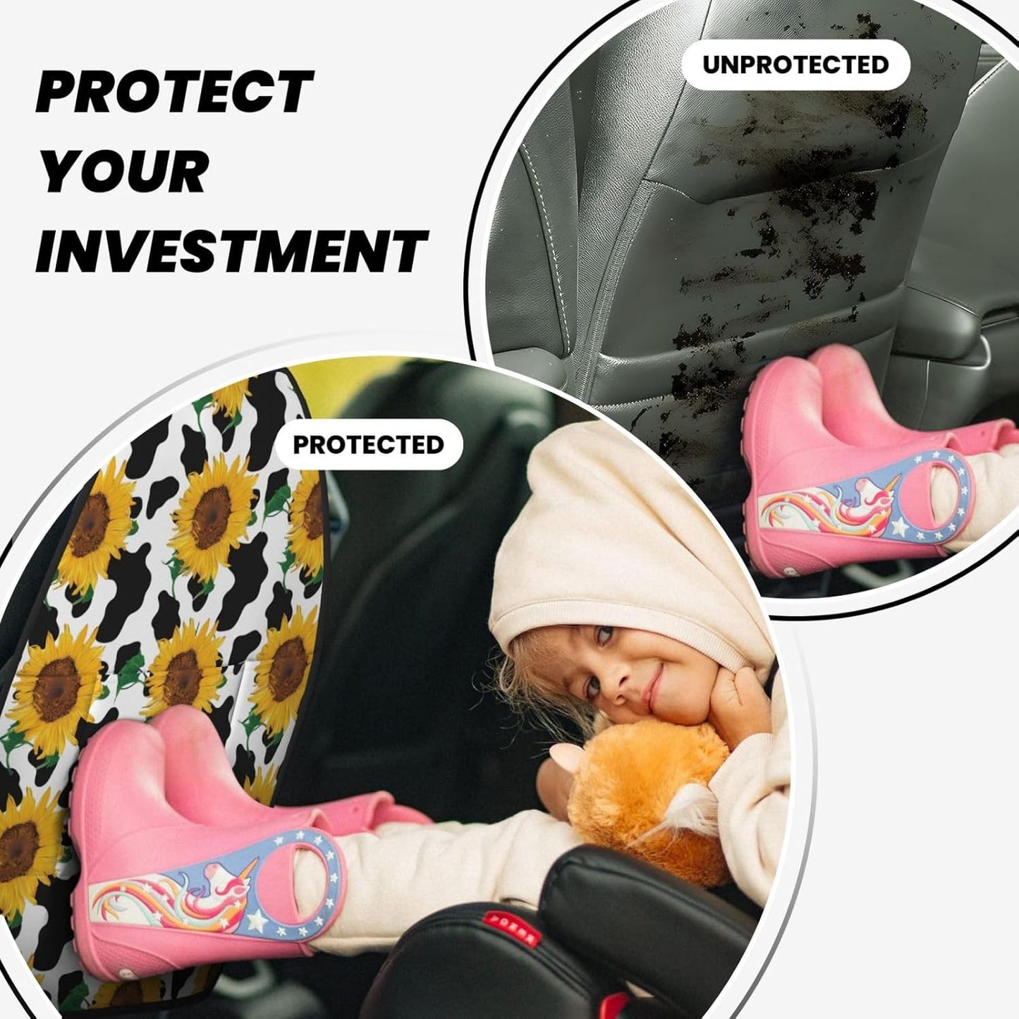 Novastar Car Seat Kick Mats with Organizer Cow Print Sunflower