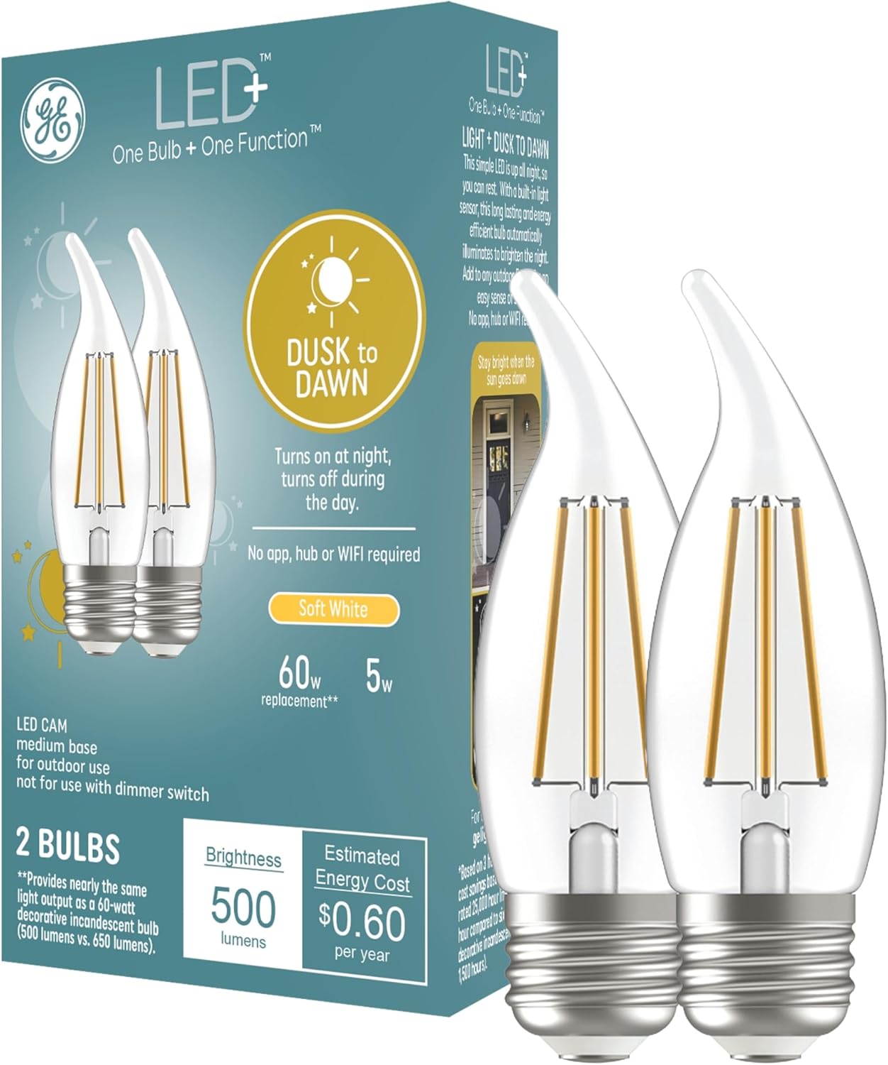 GE 93121493 LED+ Dusk to Dawn Outdoor Light Bulbs, 2-Pack
