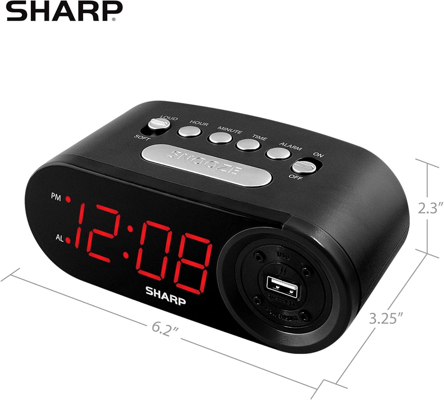 Sharp Digital Alarm Clock with 2 AMP USB Charger
