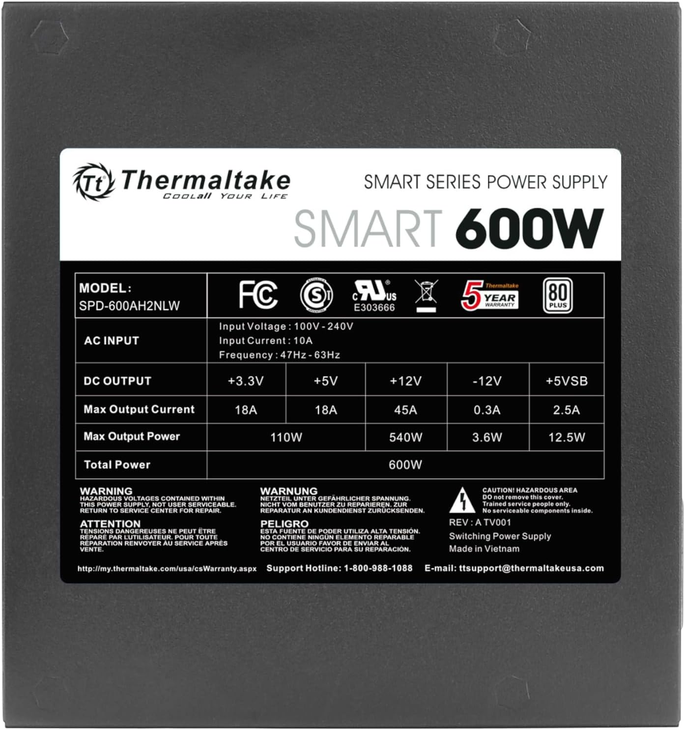 Thermaltake PS-SPD-0600NPCWUS-W Smart 600W 80+ Certified Power Supply