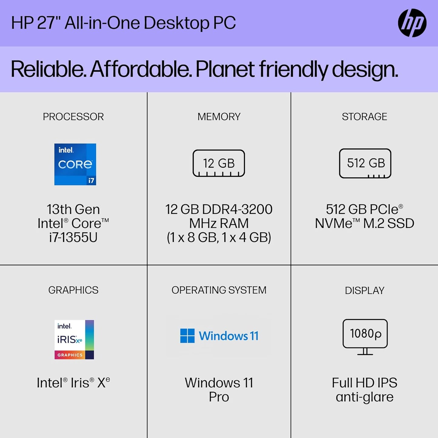 HP 27-cr0082 27" All-in-One Desktop i7-1355U 512GB SSD