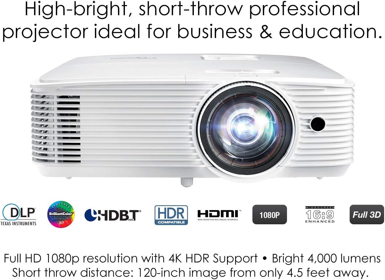 Optoma EH412ST - 1080p Short Throw Projector, 4000 Lumens (Renewed)