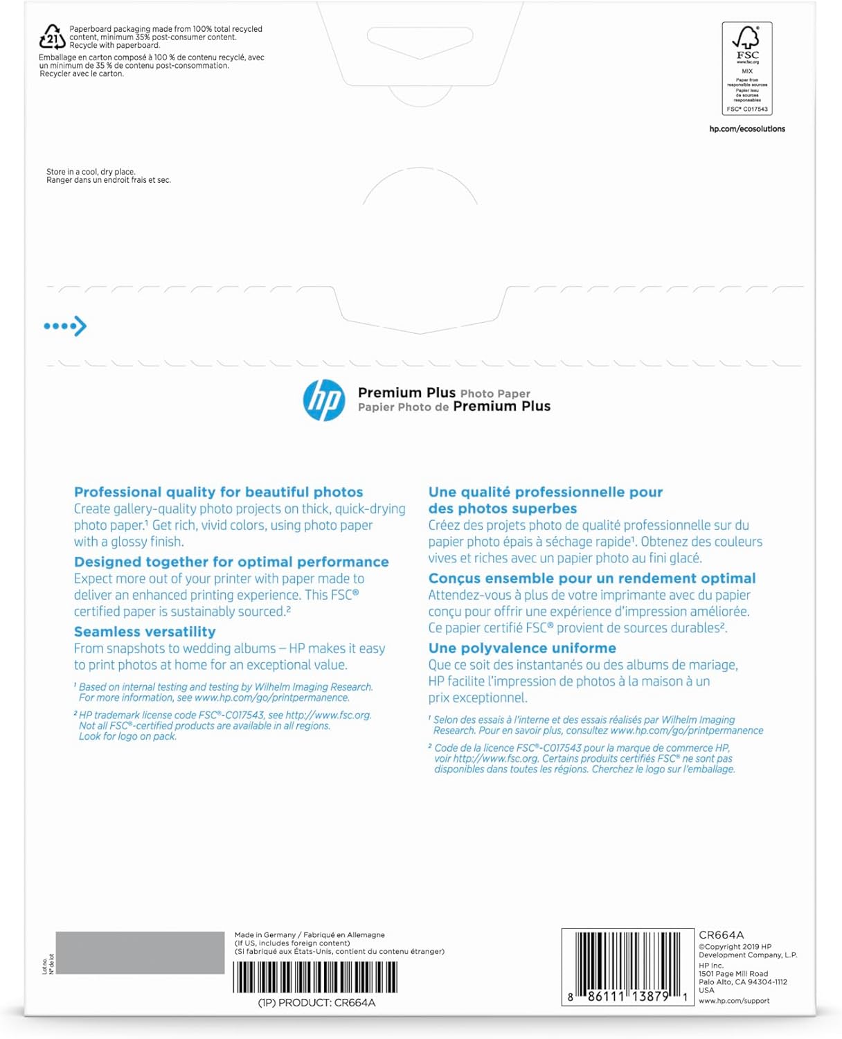 HP CR664A Premium Plus 8.5x11 Glossy Photo Paper 50 Sheets