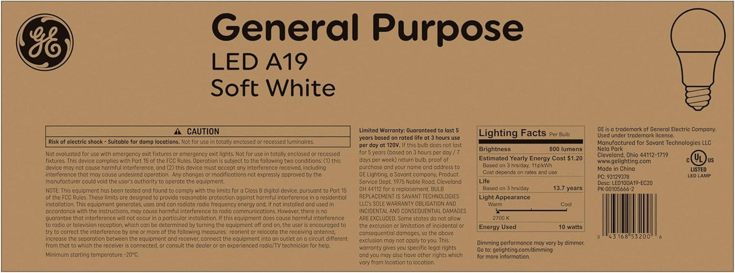 GE 93129378 LED 60 Watt Soft White A19 Bulbs 20-Pack