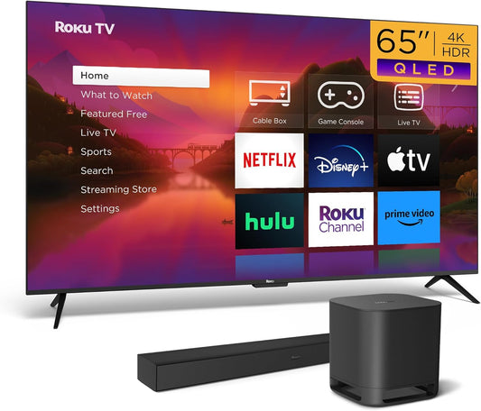 Roku Plus Series 65" 4K QLED TV Soundbar Subwoofer Bundle
