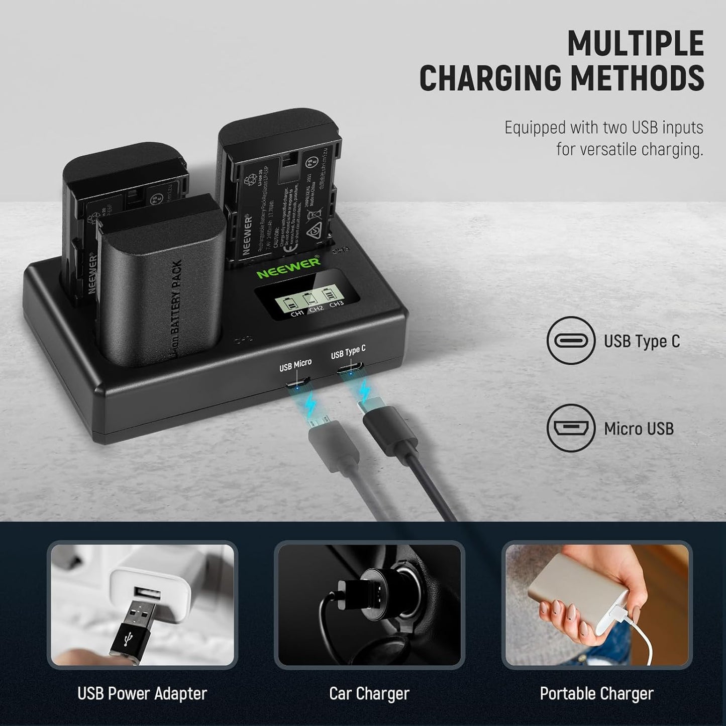 Neewer LP-E6P 2400mAh Battery 3-Pack with USB Charger