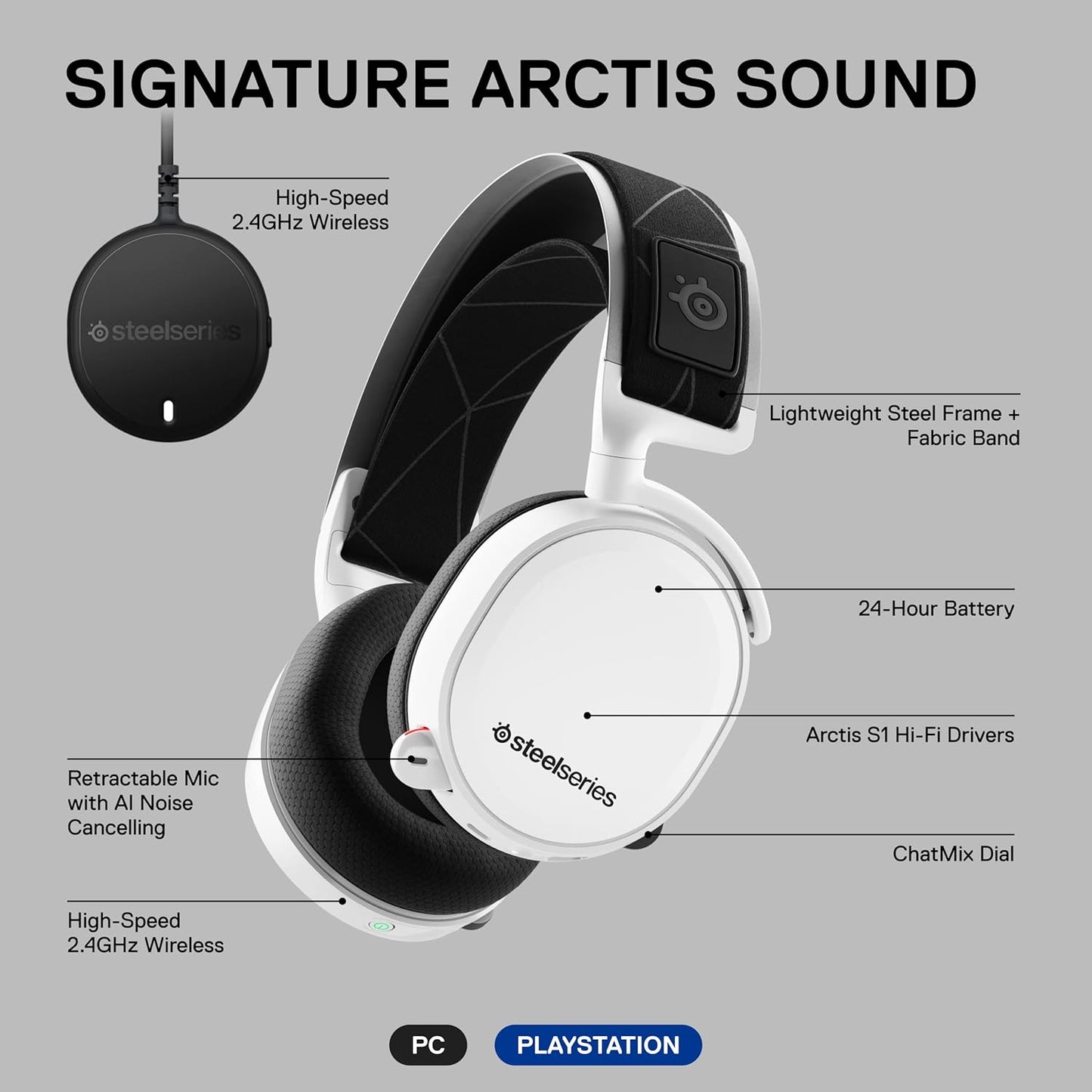 SteelSeries 61508 Arctis 7 Wireless Gaming Headset DTS Surround White