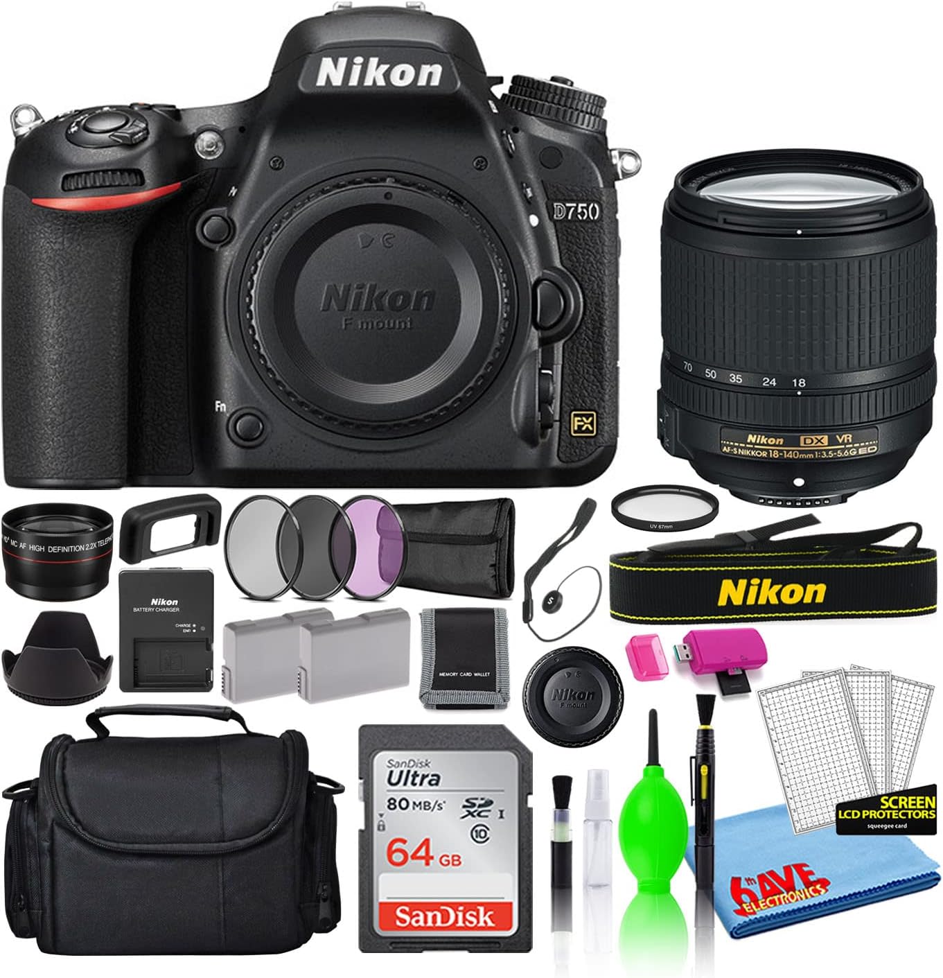 Nikon 1543 D750 DSLR 24.3MP Camera with 18-140mm Lens Bundle (Renewed)