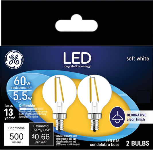 GE 24547 LED 60W Globe Light Bulbs 2-Pack
